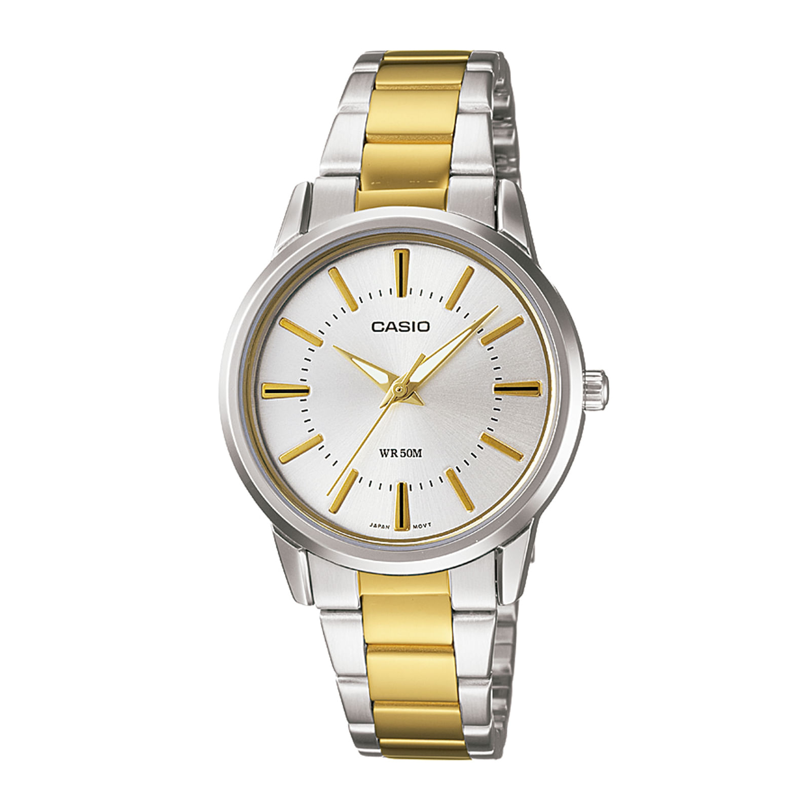 RELOJ CASIO DAMA MALLA EN ACERO INOXIDABLE PLATEADA COMBINADA CON DORADO  DIAL METALIZADO CALENDARIO SIMPLE LTP-1302SG-7A